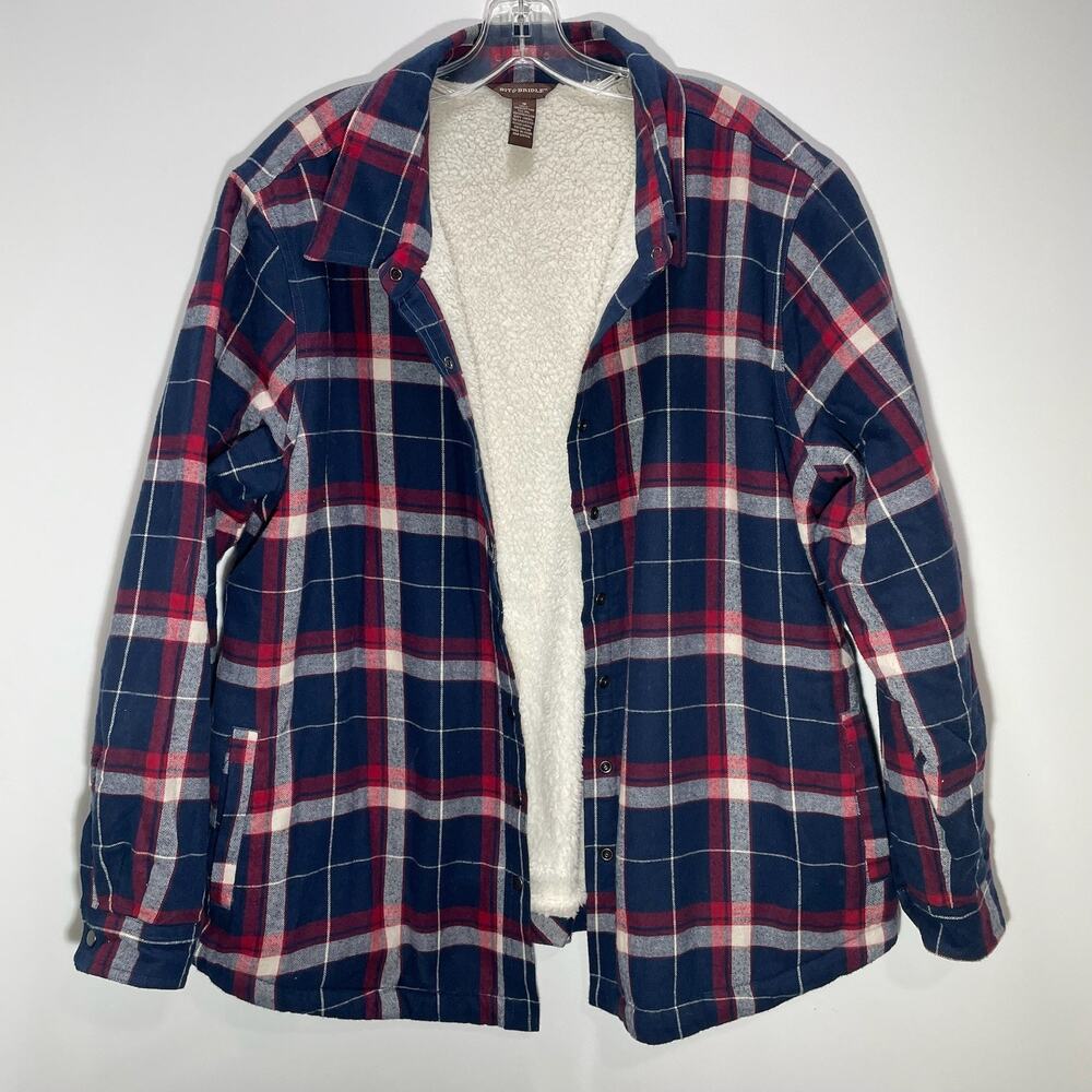 Men’s Flannel Shirt Jacket Sherpa Lined XL Plaid Heavy Workwear Snap Front